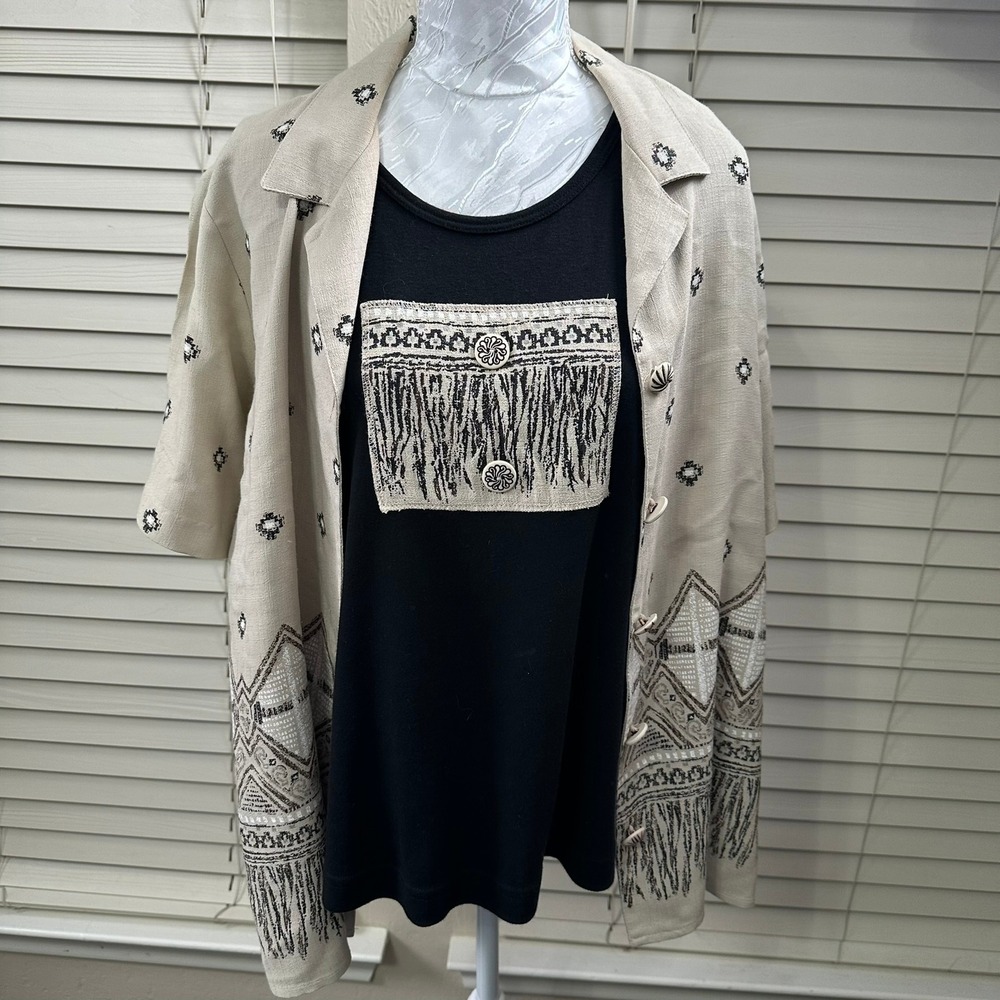 VTG Teddi Button Up Shirt Womens Medium Beige‎ Southwest Geometric Short Sleeve